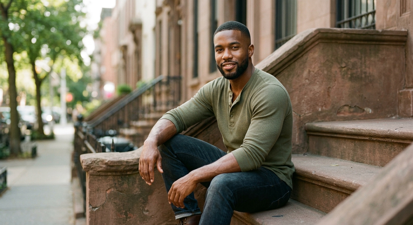Man sitting on brownstone steps in morning light