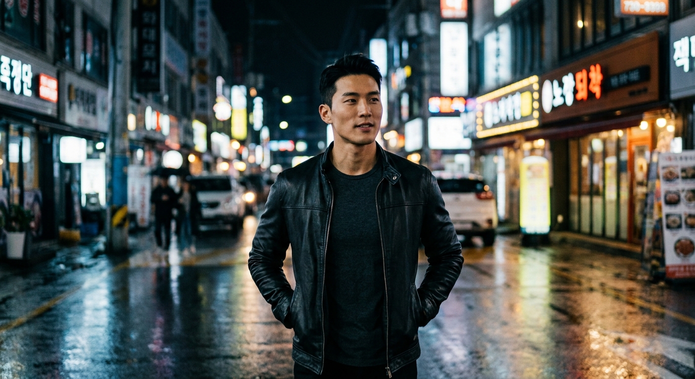 Man walking confidently through the city at night